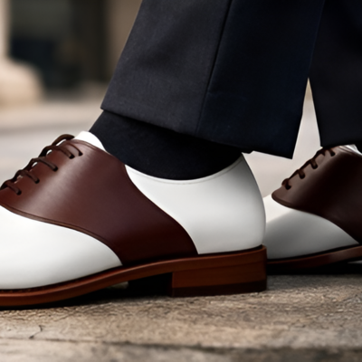 Crafted leather mens designer classic white and dark conker leather saddle golf dress shoes