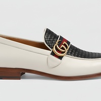 Crafted Leather Mens Designer Classic White Black Woven Leather Moccasin Loafers Dress Shoes - Thumbnail 1