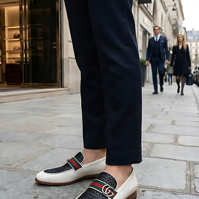 Crafted leather mens designer classic white black woven leather moccasin loafers dress shoes