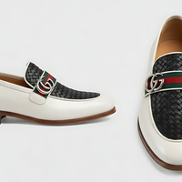 Crafted Leather Mens Designer Classic White Black Woven Leather Moccasin Loafers Dress Shoes - Thumbnail 2