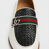 Crafted Leather Mens Designer Classic White Black Woven Leather Moccasin Loafers Dress Shoes - Thumbnail 3