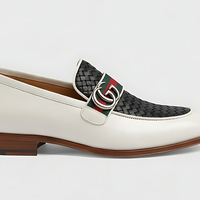 Crafted Leather Mens Designer Classic White Black Woven Leather Moccasin Loafers Dress Shoes - Thumbnail 1