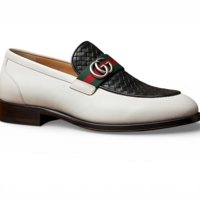 Crafted Leather Mens Designer Classic White Black Woven Leather Moccasin Loafers Dress Shoes - Thumbnail 1