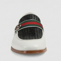 Crafted Leather Mens Designer Classic White Black Woven Leather Moccasin Red Green Stripe Strap Loafers Dress Shoes - Thumbnail 3