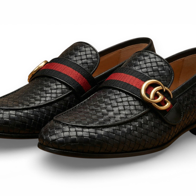 Crafted leather mens designer classic black woven leather moccasin loafers dress shoes