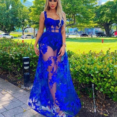 Royal Blue Lace Prom Dresses Spaghetti Straps