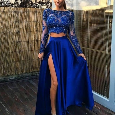 Royal blue two piece prom dresses with sleeves - Thumbnail 1