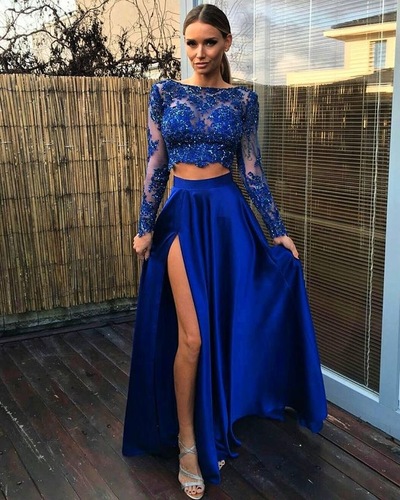 Royal Blue Two Piece Prom Dresses with Sleeves