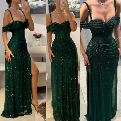Forest Green Prom Dresses Sparkly Gown with Rhinestones