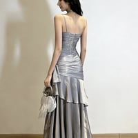 Elegant Silver Satin Spaghetti Strap Ruffled Party Dress - Thumbnail 1