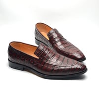 Men's high-quality handmade cowhide casual loafers with crocodile-pattern leather - Thumbnail 1