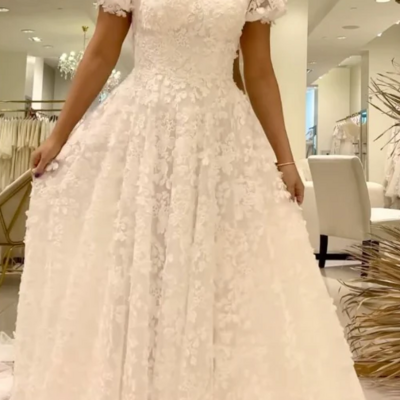 Unique a line long lace prom dress bridal gown