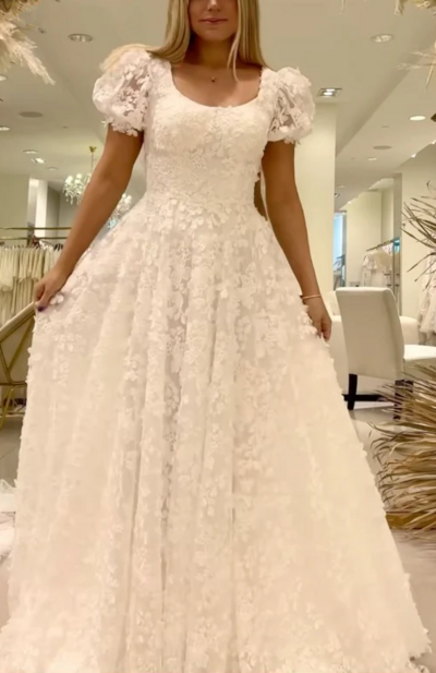 Unique A Line Long Lace Prom Dress Bridal Gown