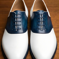 Crafted Leather Mens Designer Classic White Deep Blue Leather Saddle Golf Dress Shoes - Thumbnail 2