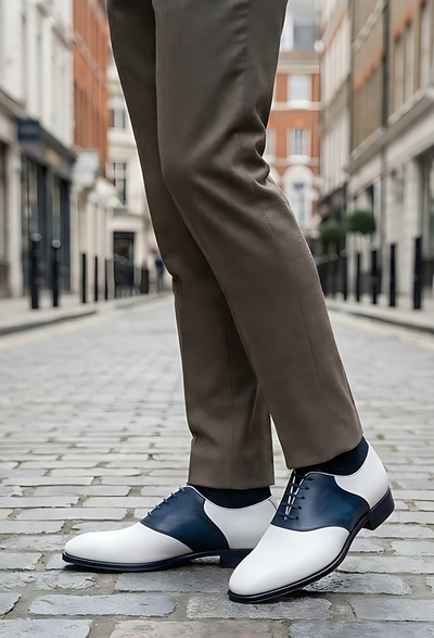 Crafted Leather Mens Designer Classic White Deep Blue Leather Saddle Golf Dress Shoes