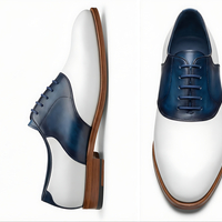 Crafted Leather Mens Designer Classic White Deep Blue Leather Saddle Golf Dress Shoes - Thumbnail 2