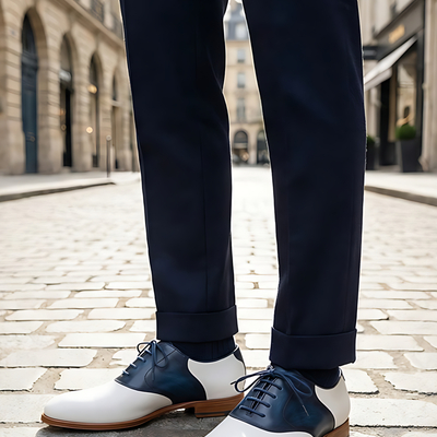 Crafted leather mens designer classic white deep blue leather saddle golf dress shoes