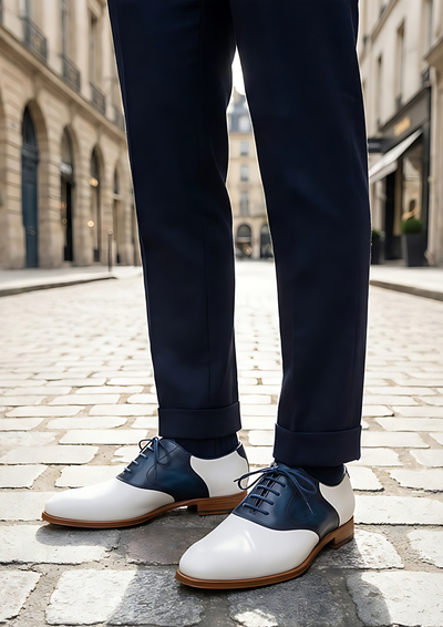 Crafted Leather Mens Designer Classic White Deep Blue Leather Saddle Golf Dress Shoes