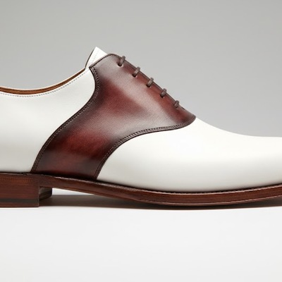 Crafted leather mens designer classic white brown patina leather saddle golf dress shoes