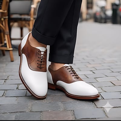 Crafted leather mens designer classic white brown patina leather saddle golf dress shoes