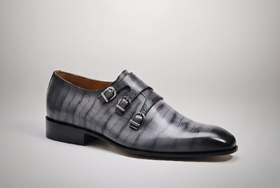 Crafted Leather Mens Designer Classic Gray Patina Crocodile Leather Monk Strap Dress Shoes