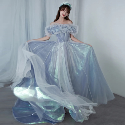 Romantic tulle long A line prom dress blue evening gown,1172