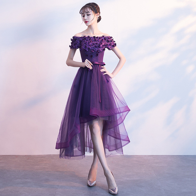Purple tulle lace short prom dress, high low evening dress,1173