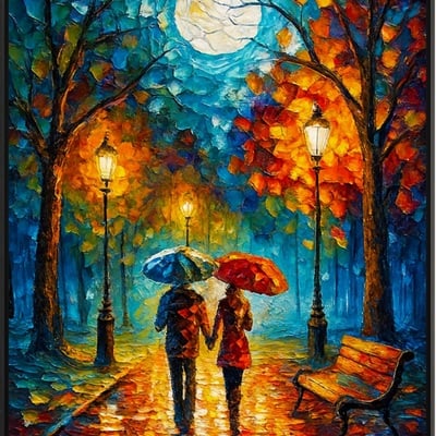 Moonlit stroll - romantic rain walk under autumn glow