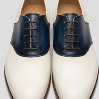 Crafted Leather Mens Designer Classic White Blue Patina Leather Saddle Golf Dress Shoes - Thumbnail 1