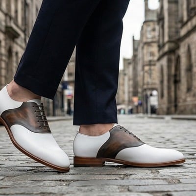 Crafted leather mens designer classic white brown patina leather saddle golf dress shoes