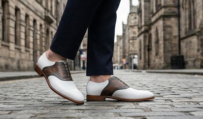 Crafted Leather Mens Designer Classic White Brown Patina Leather Saddle Golf Dress Shoes