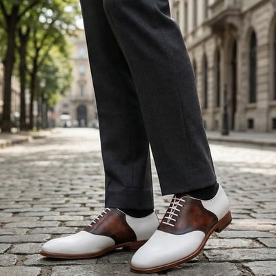 Crafted leather mens designer classic white brown patina leather saddle golf dress shoes