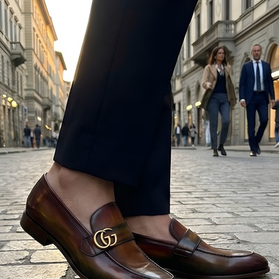 Crafted leather mens designer classic brown patina leather moccasin loafers dress shoes - Thumbnail 1