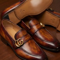 Crafted Leather Mens Designer Classic Brown Patina Leather Moccasin Loafers Dress Shoes - Thumbnail 2