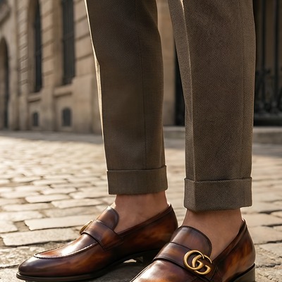 Crafted leather mens designer classic brown patina leather moccasin loafers dress shoes - Thumbnail 1