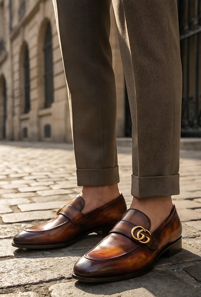 Crafted Leather Mens Designer Classic Brown Patina Leather Moccasin Loafers Dress Shoes