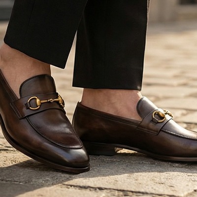 Crafted leather mens designer classic brown patina leather moccasin loafers dress shoes - Thumbnail 1