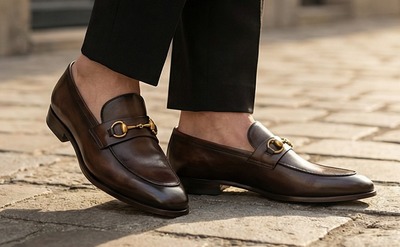 Crafted Leather Mens Designer Classic Brown Patina Leather Moccasin Loafers Dress Shoes