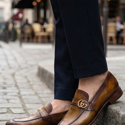 Crafted leather mens designer classic brown patina leather moccasin loafers dress shoes - Thumbnail 1