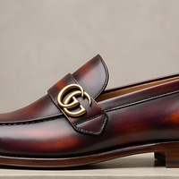 Crafted Leather Mens Designer Classic Burgundy Shaded Patina Leather Moccasin Loafers Dress Shoes - Thumbnail 1