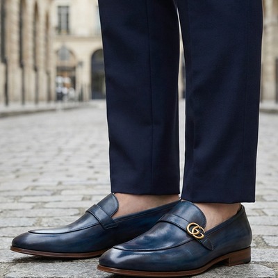 Crafted leather mens designer classic blue patina leather moccasin loafers dress shoes - Thumbnail 1