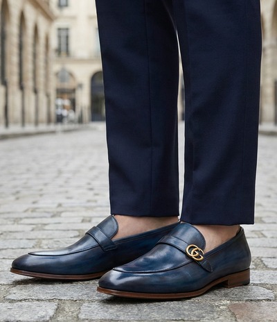 Crafted Leather Mens Designer Classic Blue Patina Leather Moccasin Loafers Dress Shoes