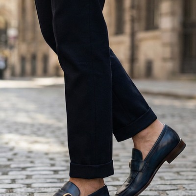 Crafted leather mens designer classic blue patina leather moccasin loafers dress shoes - Thumbnail 1