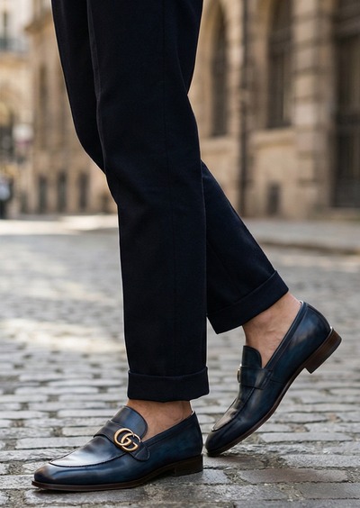 Crafted Leather Mens Designer Classic Blue Patina Leather Moccasin Loafers Dress Shoes