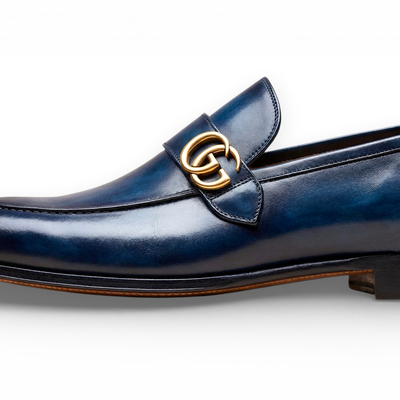 Crafted leather mens designer classic blue patina leather moccasin loafers dress shoes - Thumbnail 1