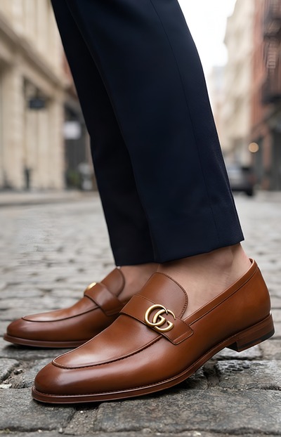 Crafted Leather Mens Designer Classic Brown Leather Moccasin Loafers Dress Shoes