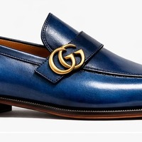 Crafted Leather Mens Designer Classic Blue Patina Leather Moccasin Loafers Dress Shoes - Thumbnail 1