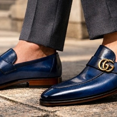 Crafted leather mens designer classic blue patina leather moccasin loafers dress shoes - Thumbnail 1