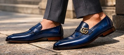 Crafted Leather Mens Designer Classic Blue Patina Leather Moccasin Loafers Dress Shoes