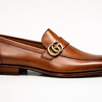 Crafted Leather Mens Designer Classic Brown Patina Leather Moccasin Loafers Dress Shoes - Thumbnail 1